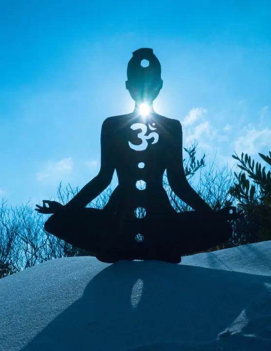 silhouette of a person doing yoga with the root ch